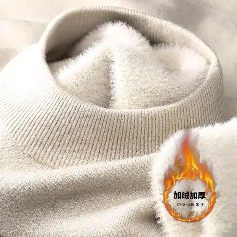Color: Beige, Size: XXXL - Plush Men's Knitted Sweater Turtleneck with Velvet Padded Warm Solid Pullovers Autumn Winter Thick Bottom Casual O-Neck Sweater
