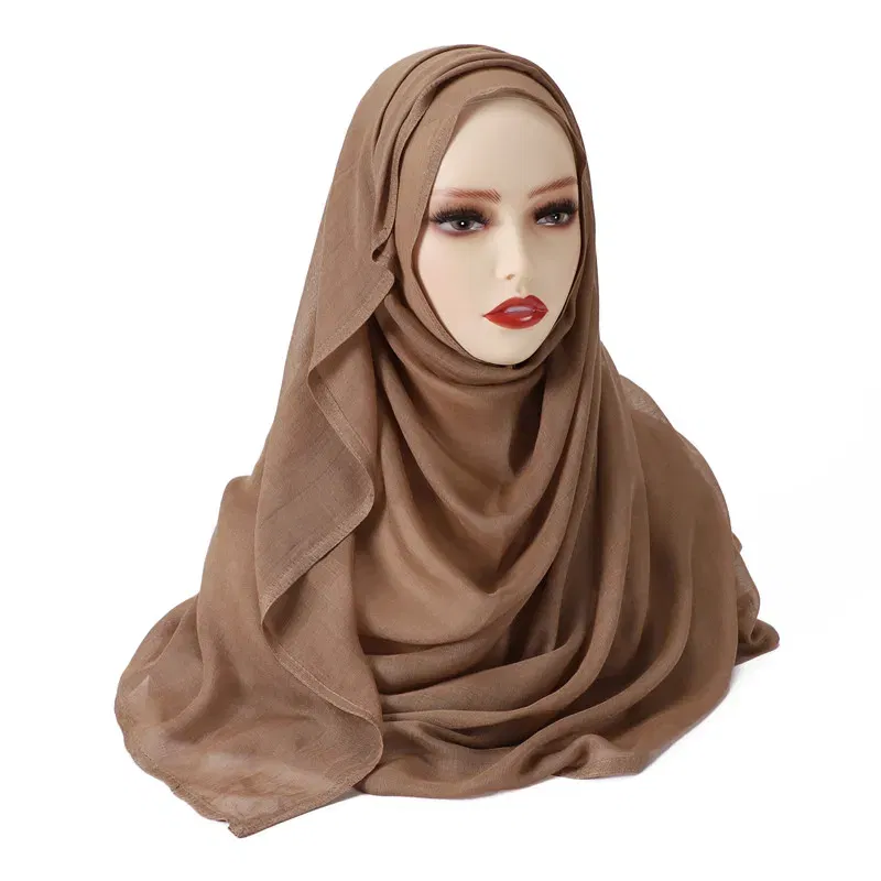 Color: Beige - Women Big Size Plain Solid Cotton Rayon Hijab Scarf Lady High Quality Wraps and Shawls Musulman Headband Islamic Turban 180*95Cm