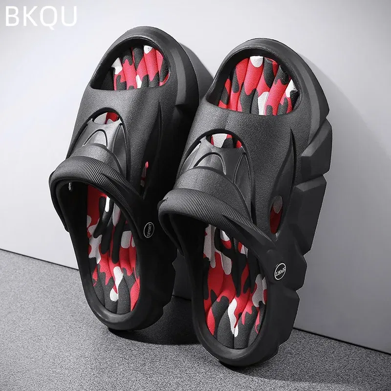 Color: Black, Shoe Size: 44 - Men's Beach Slippers Round Toe Lightweight Flat Bottom Waterproof Comfortable Trend Versatile Breathable Non-slip Large Size