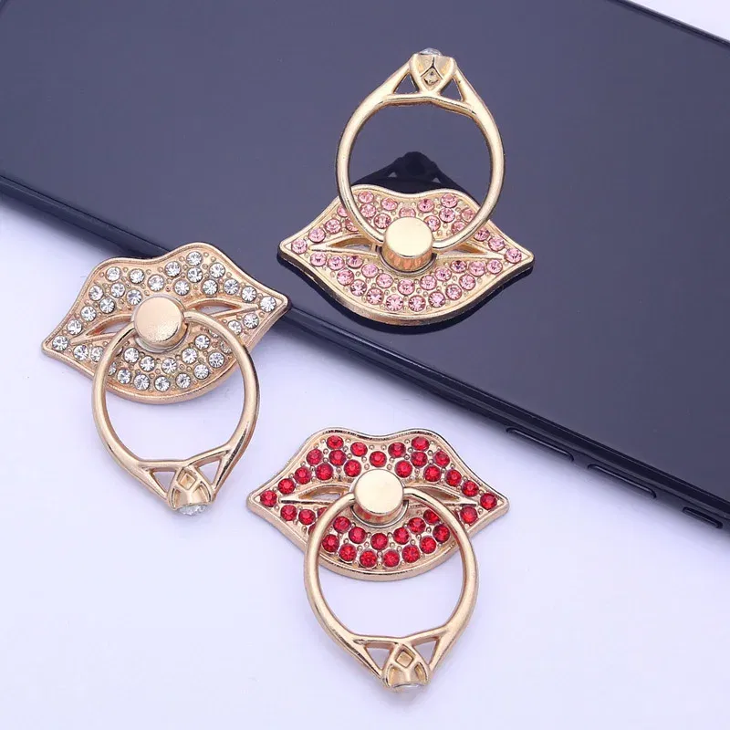 Color: Red - Lip Phone Holder Metal Diamond-studded Ring Holder Red Lips Ring Holder OPPO VIVO  Cellphone Holder  Universal