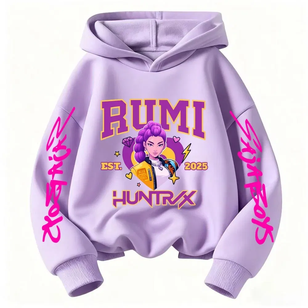 Color: Khaki, Kid Size: 7 - 2025 KPop Devil Hunter Cartoon Girl Boy Hooded Sweatshirt Kawaii Children's Korean Wave Casual Fashion Top