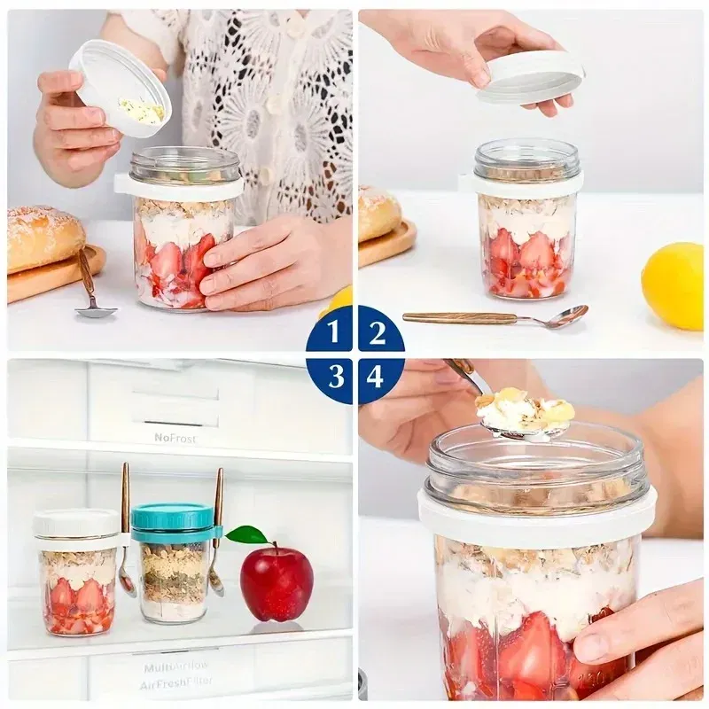 Color: Black, Capacity: 301-400ml - 350ML Overnight Oat Cup Glass With Lid And Spoon Seal Food Breakfast Cup Portable Cereal Milk Salad Yogurt Cup Kitchen Item