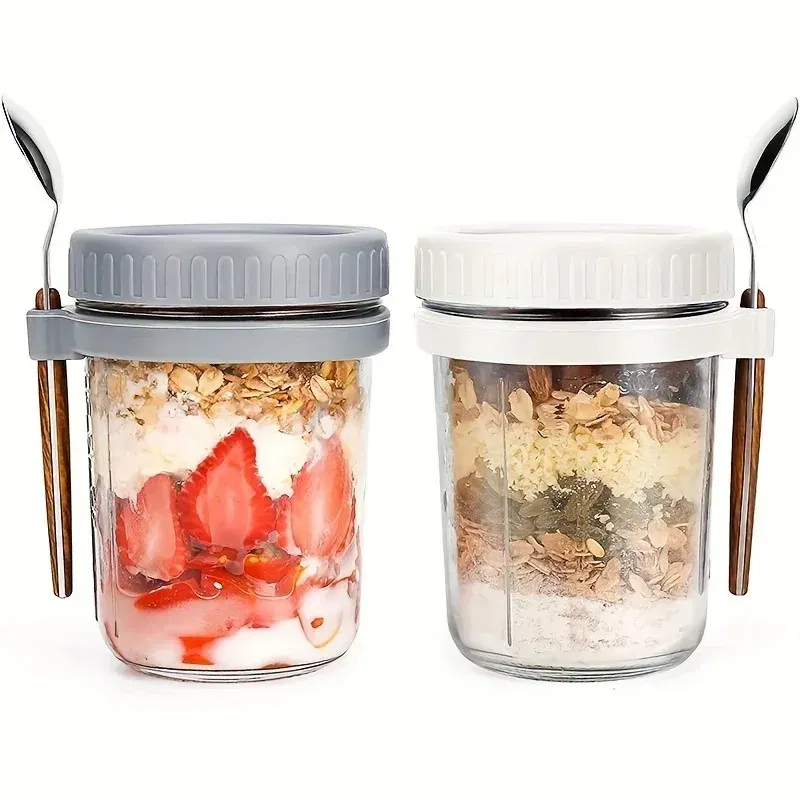 Color: Black, Capacity: 301-400ml - 350ML Overnight Oat Cup Glass With Lid And Spoon Seal Food Breakfast Cup Portable Cereal Milk Salad Yogurt Cup Kitchen Item