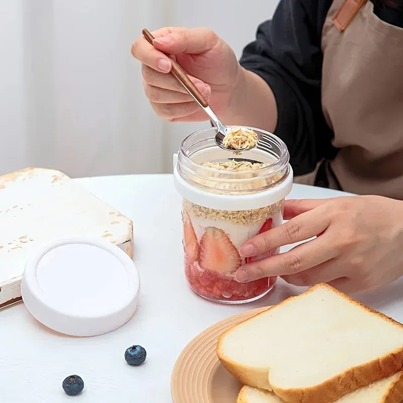 Color: Black, Capacity: 301-400ml - 350ML Overnight Oat Cup Glass With Lid And Spoon Seal Food Breakfast Cup Portable Cereal Milk Salad Yogurt Cup Kitchen Item