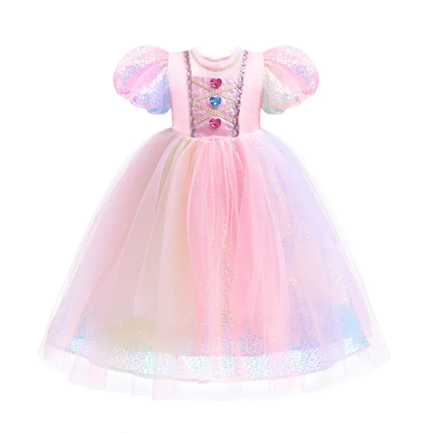 Girls' New Pearl Gradient Sequin Colored Gemstone Mesh with Bubble Sleeves Princess Dress Halloween Mermaid Cosplay Dress