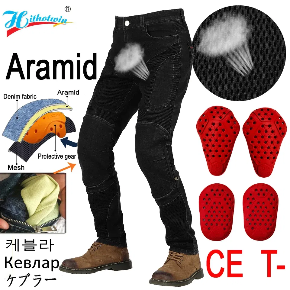 Color: Beige, Size: XL - NEW Aramid Motorcycle Jeans Breathable in summer Motocross Pants Motorcycle Pants Motocross Protective Gear Hip Protector