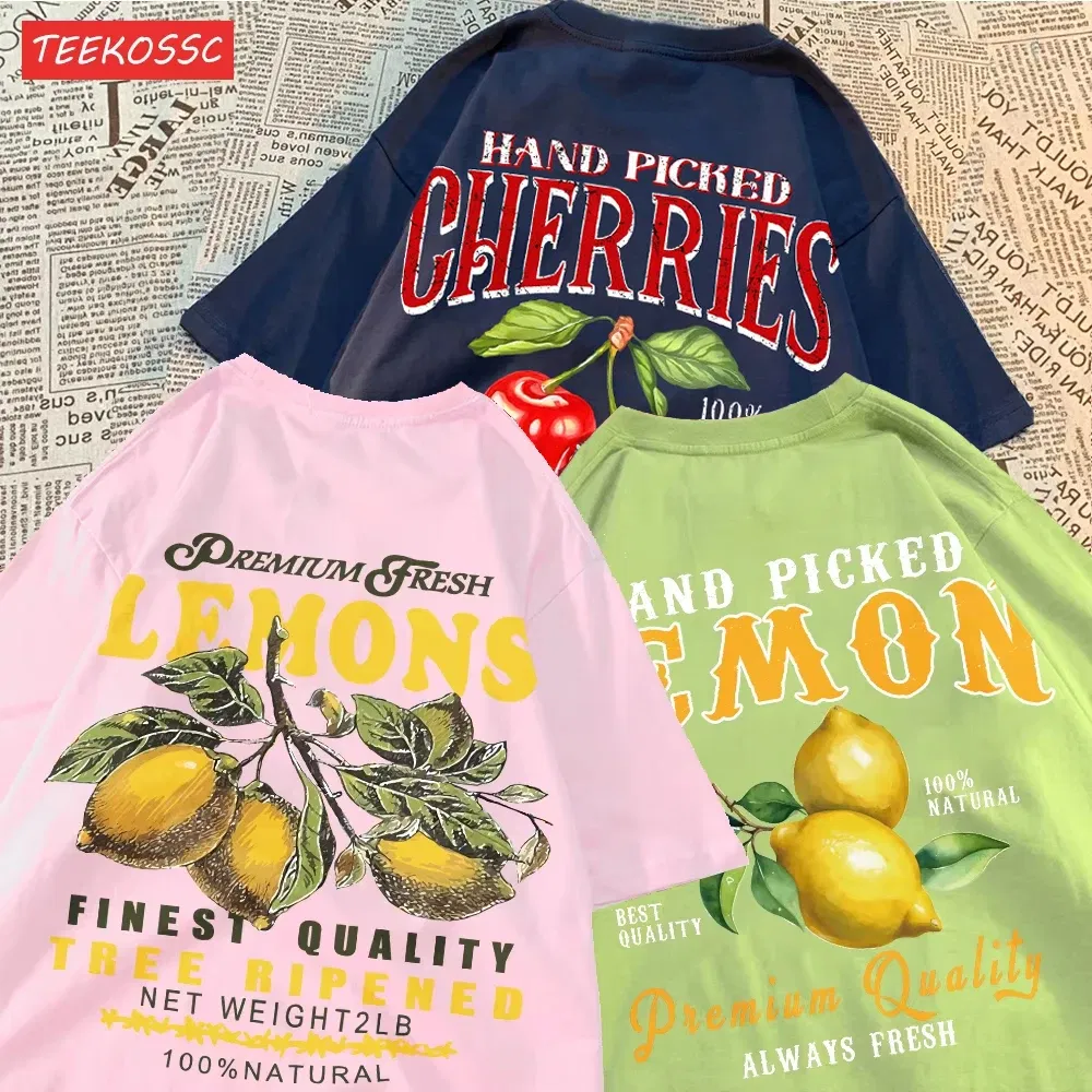 Color: Watermelon red, Size: XXL - Summer Lemon Cherries Prints T-Shirts Cotton Women's Tops Oversize O-Neck Soft Short Sleeve tees Street Casual Womans Clothes