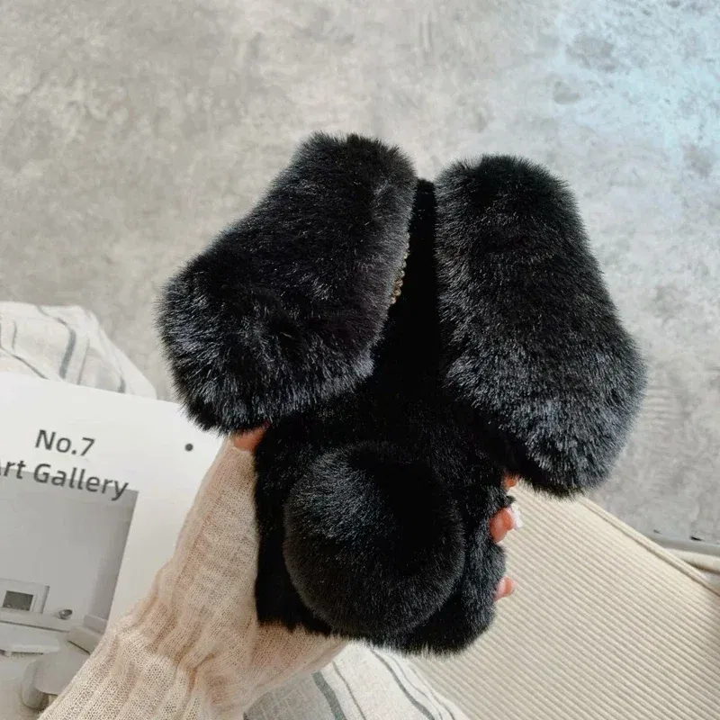 Color: black, Material: Carbon Fiber - Warm Plush Rabbit Fluffy fur Cover for Samsung A15 A25 A35 A55 A14 A24 A34 A54 A13 A23 A33 A53 A12 A22 A32 A52 A51 Phone Case