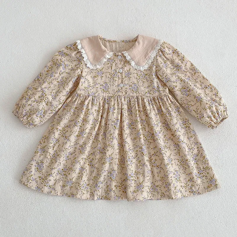 Color: light brown, Kid Size: 4 - Sweet Kids Baby Girls Long Sleeve Flower Printing Princess Dress Autumn Baby Girls Doll Collar Dress Children Clothes Dress