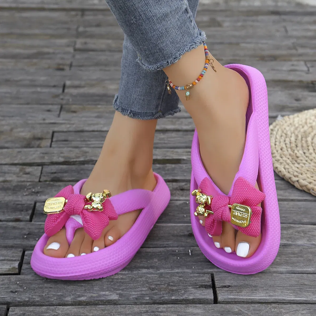 Color: Peacock Green, Shoe Size: 40-41 - Summer Multi Color Women's Flip Flops Fashionable Metallic Teddy Bear Bow Slide Sandal Beach Vacation Home Versatile  Footwear