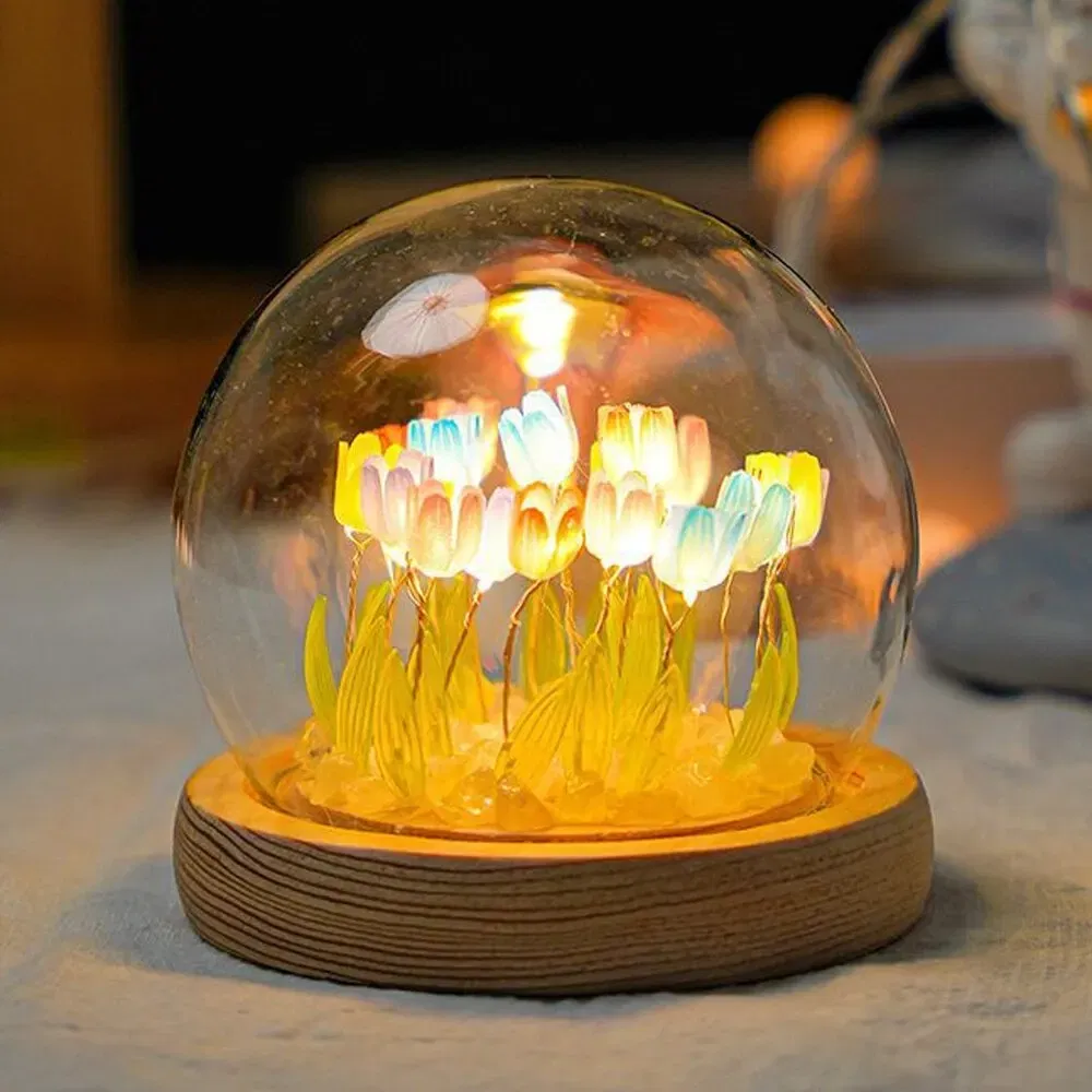 Color: Brown - Artificial Tulip Flower Night Light Handmade DIY Bedside Lamp LED Night Lamp Bedroom Decor Christmas Birthday Gifts Table Lamp
