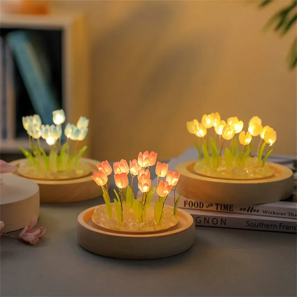 Color: Brown - Artificial Tulip Flower Night Light Handmade DIY Bedside Lamp LED Night Lamp Bedroom Decor Christmas Birthday Gifts Table Lamp