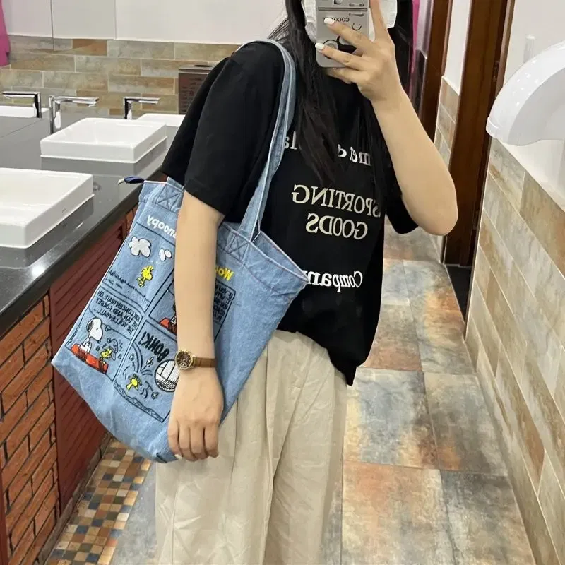 New Japanese Cute Embroidered Snoopy Shoulder Bag, Retro All-match Denim Bag, Large Capacity Portable Crossbody Bag