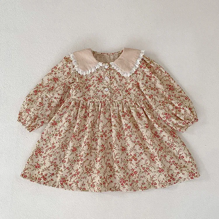 Color: Chocolate, Kid Size: 4T - Sweet Kids Baby Girls Long Sleeve Flower Printing Princess Dress Autumn Baby Girls Doll Collar Dress Children Clothes Dress