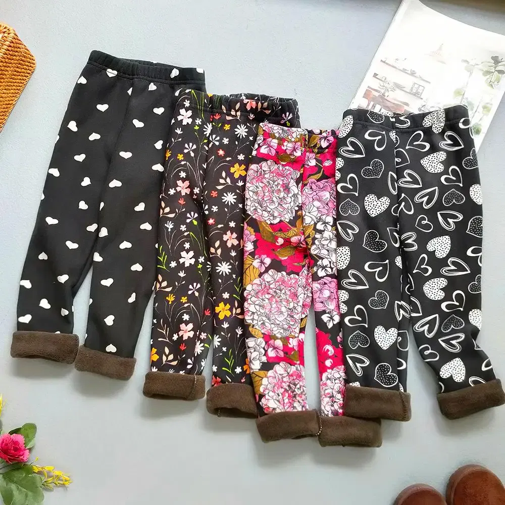 Color: Blue, Kid Size: 4T - Autumn Winter Print Flowers Thick Warm Kids Toddler Baby Girls Leggings Children's Pants