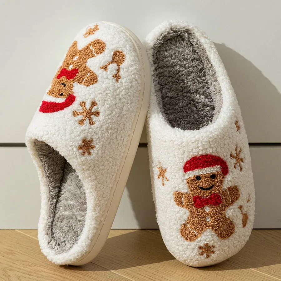 Color: WHITE, Shoe Size: 43-44 - Women Christmas Gingerbread Man Cute Winter Warm Slippers Exquisite Comfy Houseshoes Bedroom Soft Sole Home Shoes for Gift