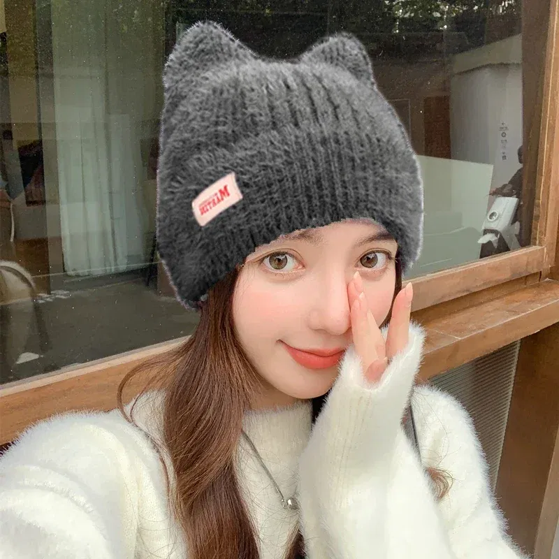 Color: army green, Size: One Size - New Women Cute Cat Ear Earflap Winter Hat Fashion Faux Fur Knitted Hat Kpop Style Soft Beanie Hats Candy Female Streetwear Cap
