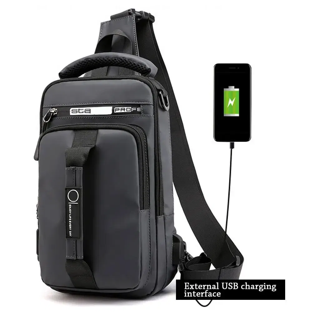 Color: Beige - Anti-theft Chest Shoulder Bag Men's Sling Crossbody Bag Messenger Backpack USB Port Bag
