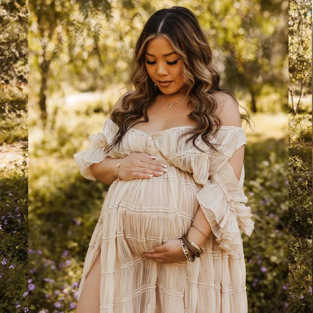 Chiffon Pregnant Women Photography Dresses Elegant Pleated V-neck Short Sleeved Dress Maternity Dresses For Baby Showers