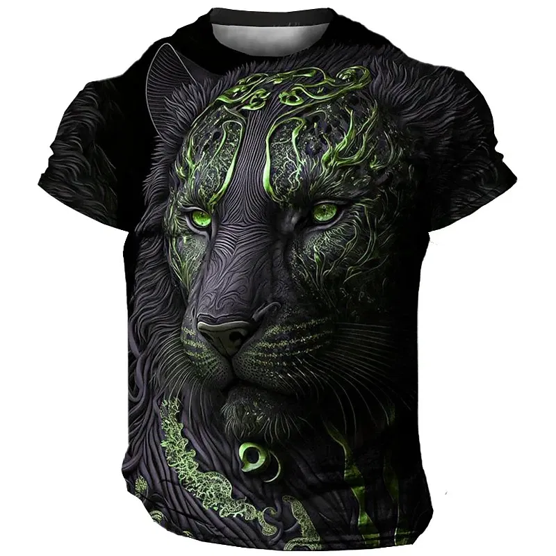 Size: L, Color: Green - Daily Oversized Men's T-Shirt 3D Lion Print Tees Tops Summer Casual Animal Pattern Streetwear New Fashion Street Men Clothing