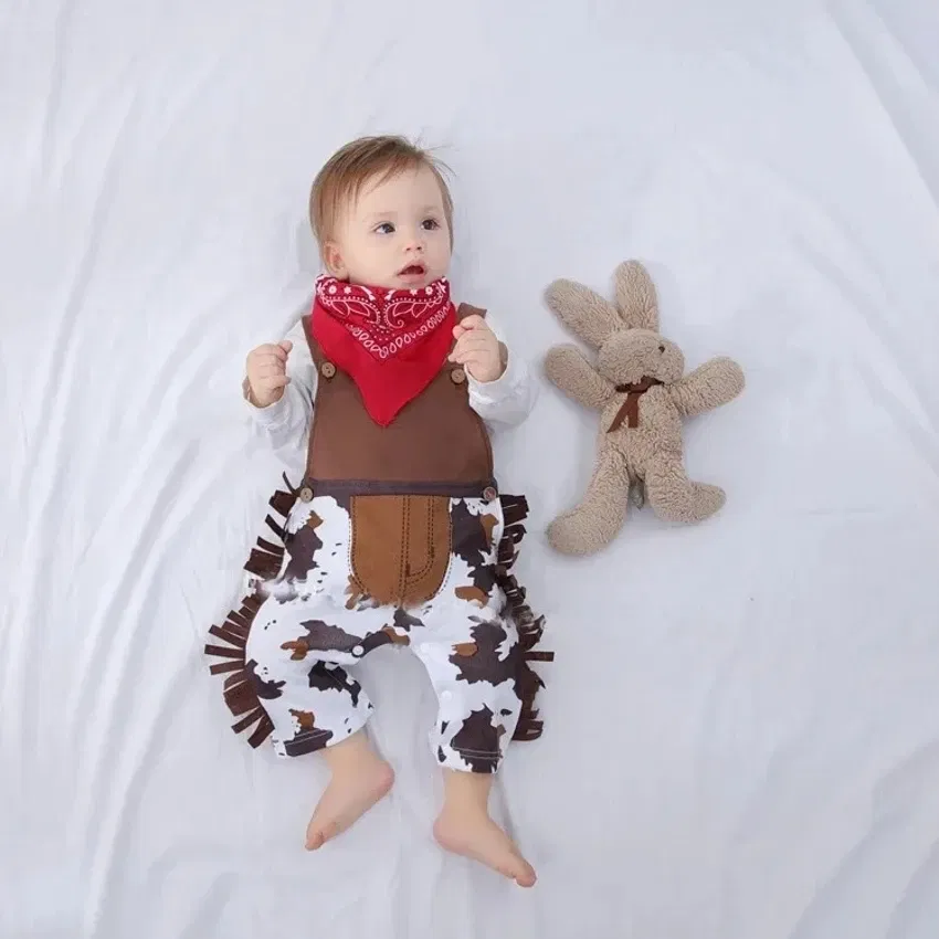 Color: Brown, Kid Size: 3T?€?€·?¤–运动?‰ - Baby Boy Clothes cowboy Costume Infant Toddler Cowboy Set 3Pcs Hat Scarf Romper Halloween Event Birthday Holiday Cosplay Outfits