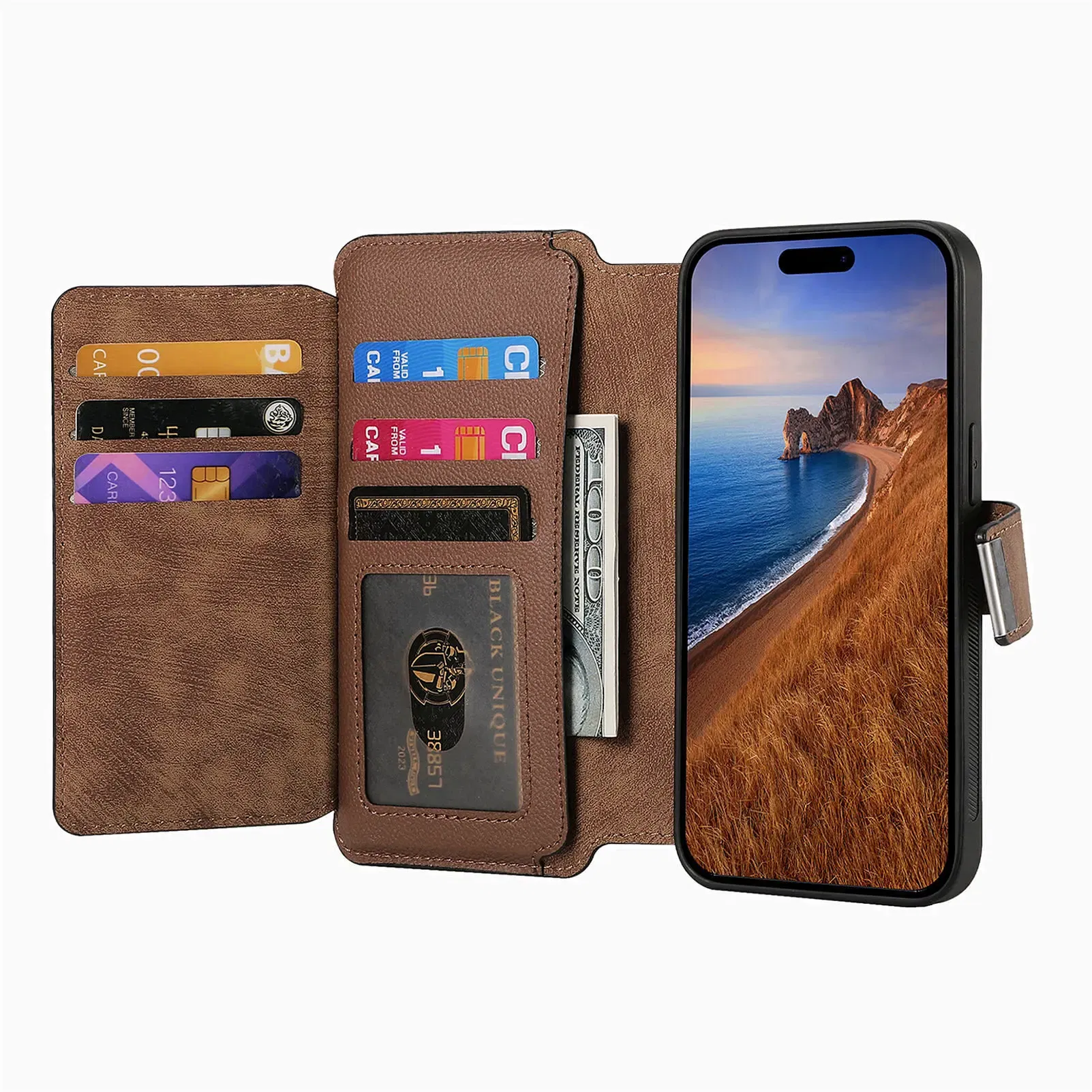 Color: Brown, Material: ABS - With Magsafe Wallet Case For Xiaomi Poco X6 X5 X3 M6 M5S M4 M3 F6 F5 Pro F3 C31 Zipper Leather Multi 6 Card Slot Removable Cover