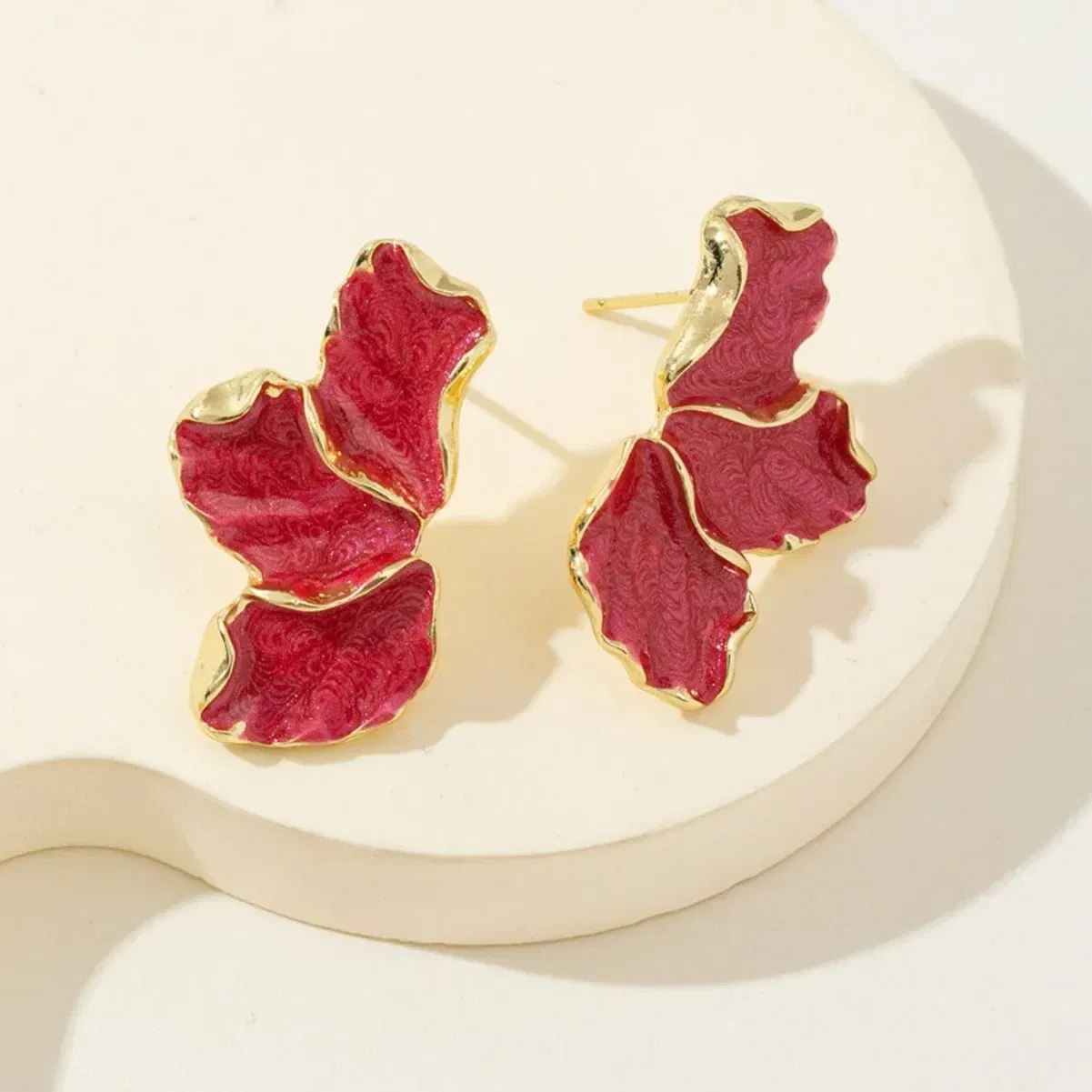 Metal Color: Gold-color - Metal Flower Cream Stud Earrings for Women Fashion Gold Color Plating Irregular Post Earrings Heavy Design Statement Earring