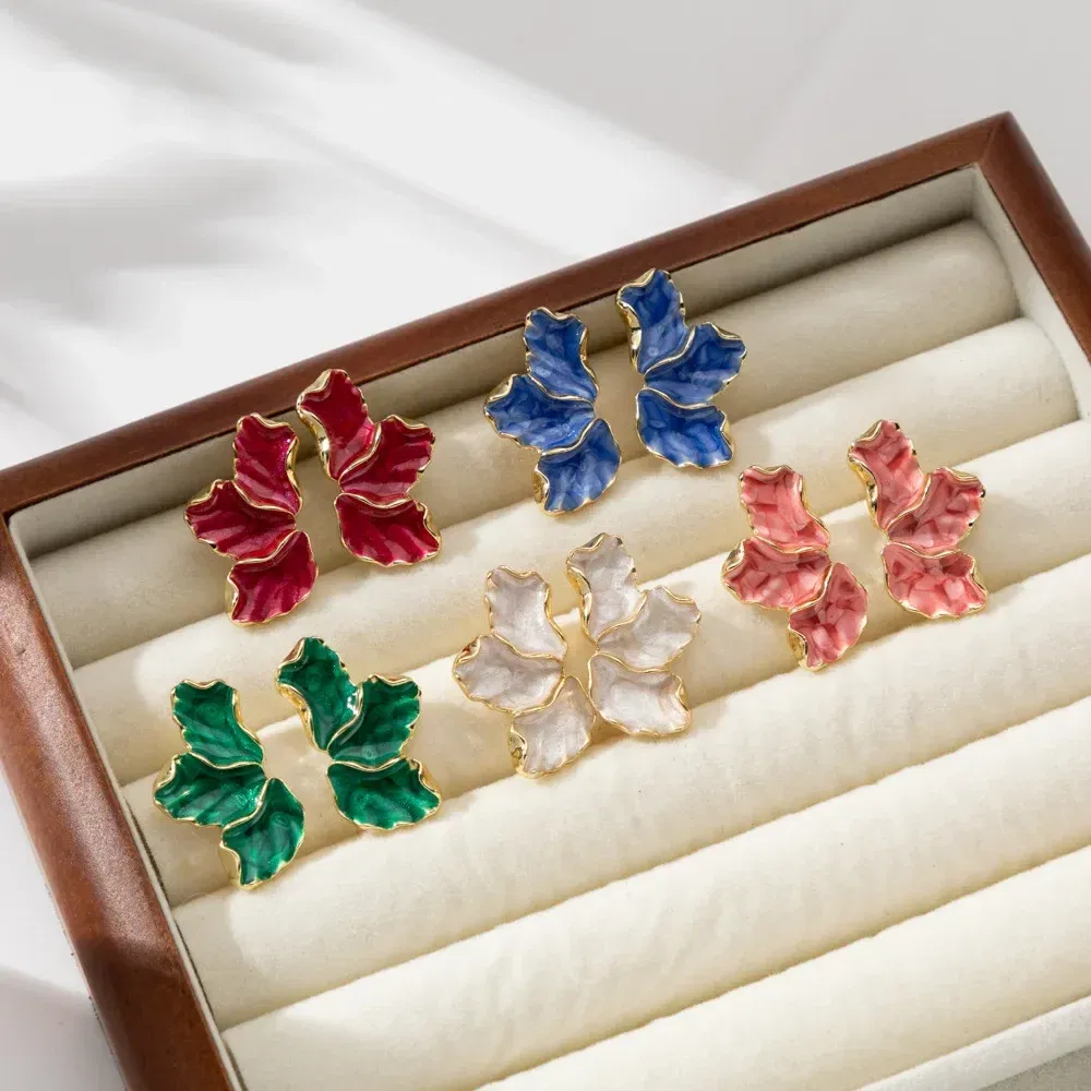 Metal Color: Gold-color - Metal Flower Cream Stud Earrings for Women Fashion Gold Color Plating Irregular Post Earrings Heavy Design Statement Earring