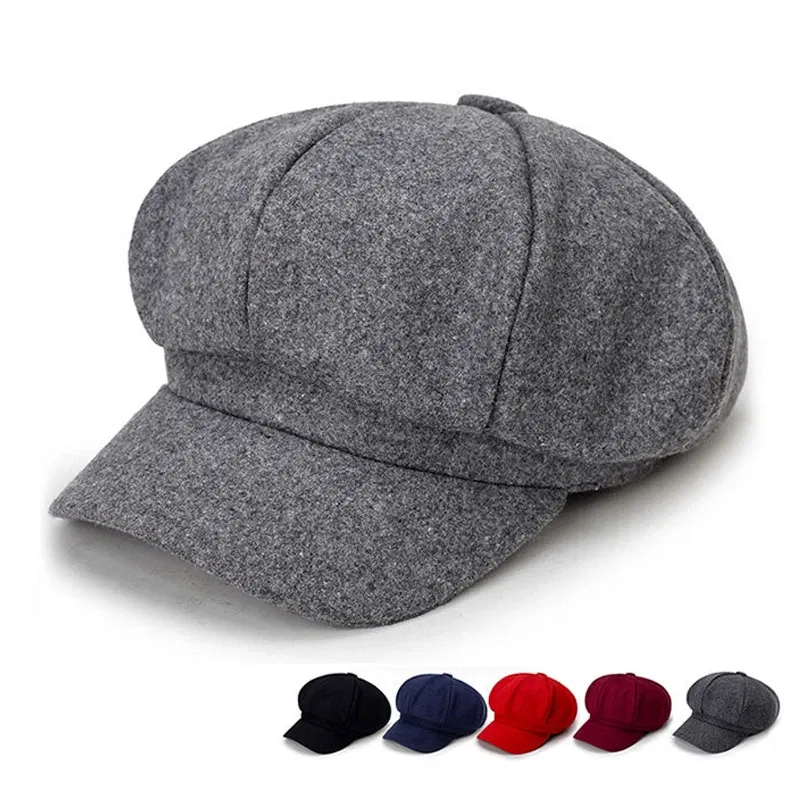 Color: Red - Woolen solid color beret fashion outdoor cotton hat autumn and winter windproof hats men's and women's universal caps