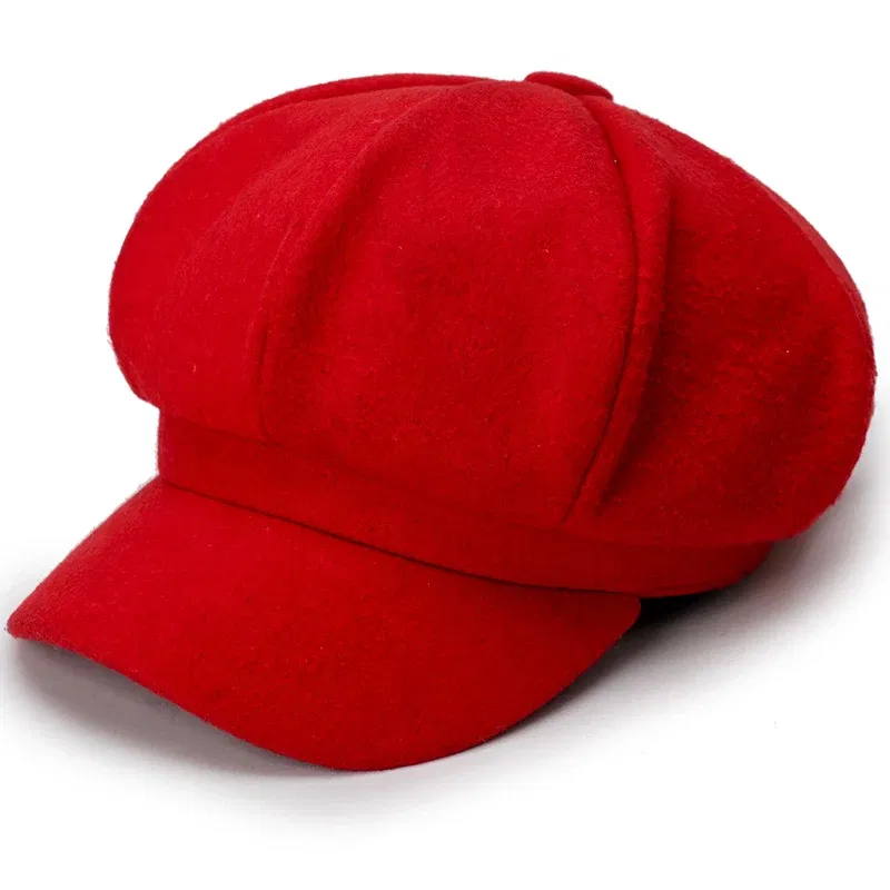 Color: Red - Woolen solid color beret fashion outdoor cotton hat autumn and winter windproof hats men's and women's universal caps