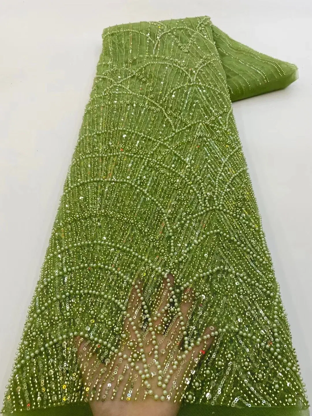 Color: BROWN, Width: 120cm, Length: 5 yards - Wholesale African Sequins Lace Fabric  French Embroidery High Quality Luxury Heavy Beaded Bridal Wedding Lace 5 yards