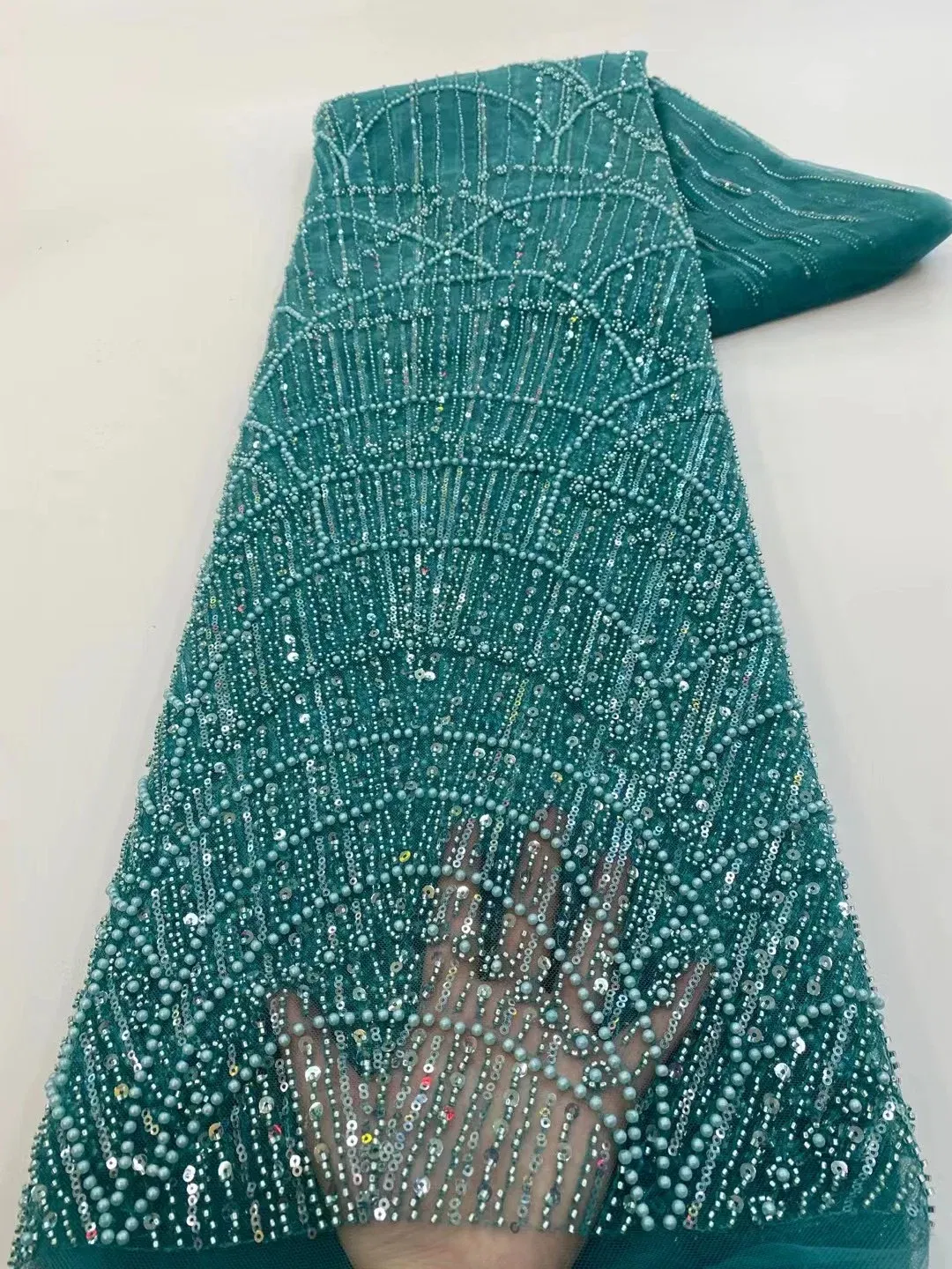 Color: BROWN, Width: 120cm, Length: 5 yards - Wholesale African Sequins Lace Fabric  French Embroidery High Quality Luxury Heavy Beaded Bridal Wedding Lace 5 yards