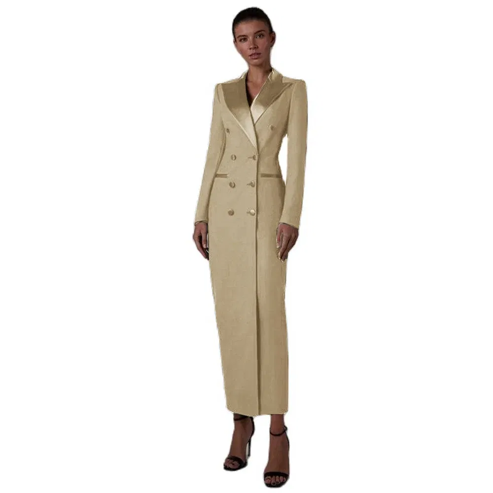 Color: Khaki, Size: XXL - Women's Suit Long Jacket One Piece Blazer Double Breasted Formal Tuxedo Party Dress кос?‚юм ?¶?µнский