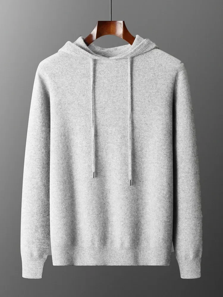 Color: Light Grey, Size: XL - Yoyoselect Men's 100% Cashmere  Luxury Sweater Hoodie Autumn Winter Thick Warm Hooded Pullover Casual Smart Jumpers Knitwear Top