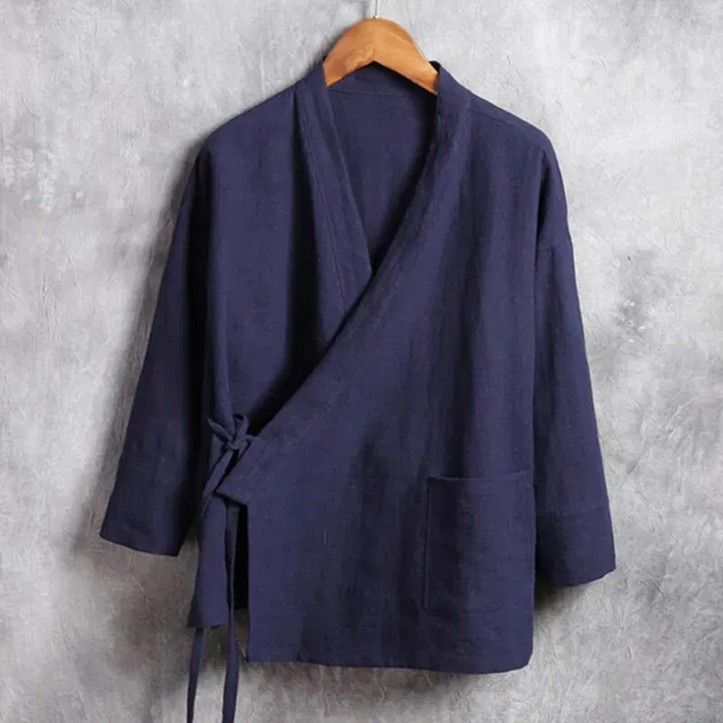 Color: Blue, Size: L - Plus Size M-6XL Pure Color Men's Tops 2024 New Cotton Linen Oblique Placket Long Sleeve Linen Hanfu chinese Clothing  Kimono