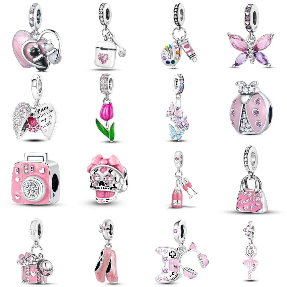 Color: WHITE - 925 Sterling Silver Pink Series Charms Love-Heart Cute Animals Beads Fit Pandora Original Bracelets Girl Jewelry Gifts Accessory