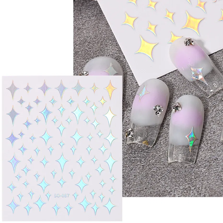 Color: Ice Blue - Sliver Stars Nails Stickers 3D Bronzing Laser White Cross Starlight Glossychic Y2k Stylish Adhesive Manicure Decorations SO-167
