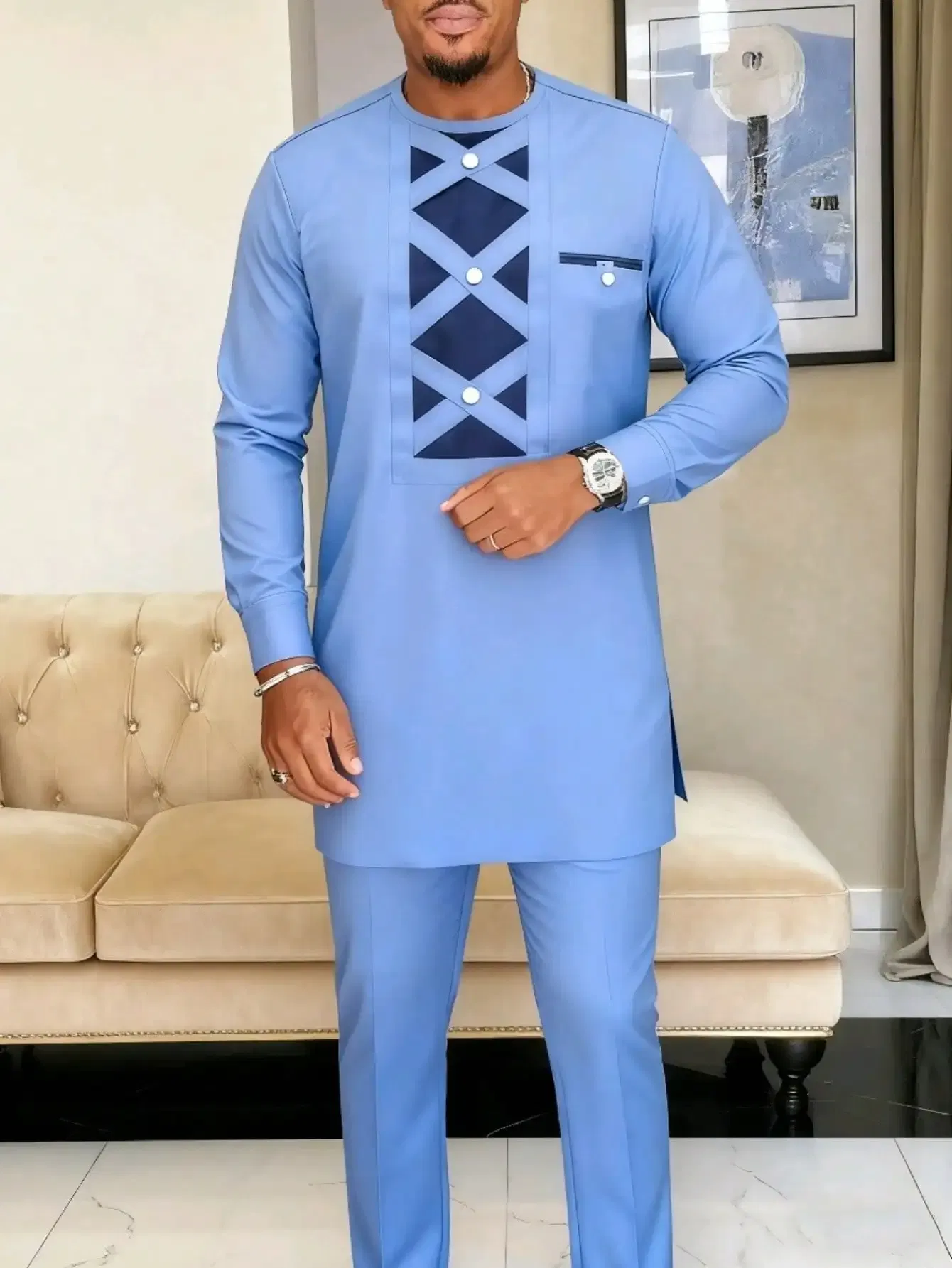 Color: Blue, Size: XXL - 2025 New men's suit, white pocket, 2-piece set, luxury wedding casual suit, traditional African style of ethnic minorities