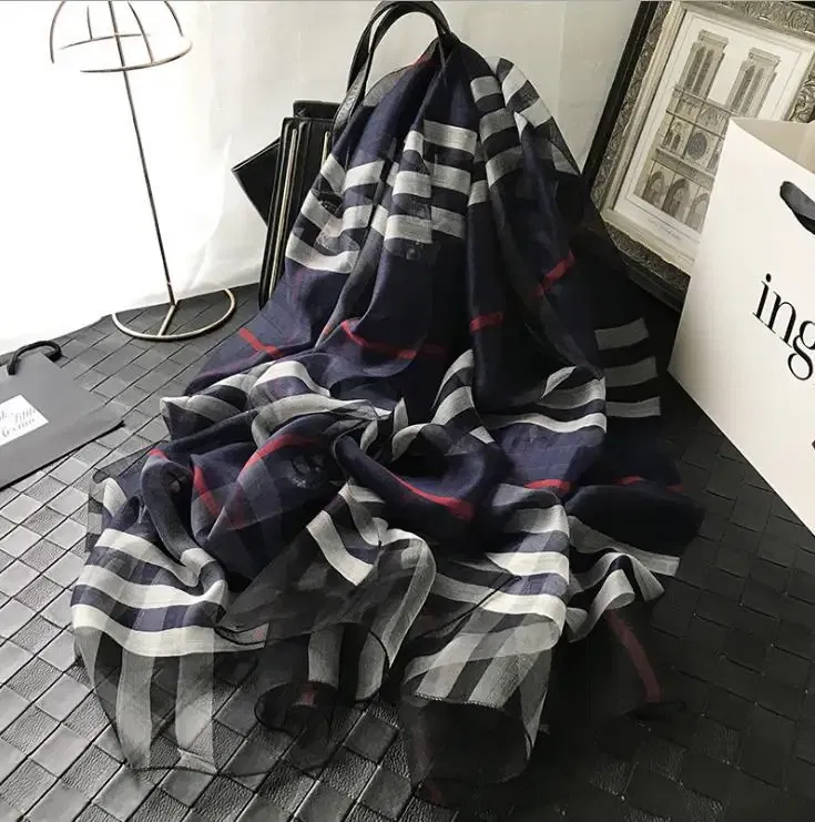 Color: Navy Blue - Silk&Wool Scarf For Women Four Seasons Scarf Big Size 84*190cm