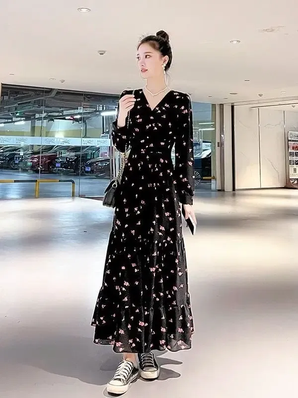 Color: black, Size: XL - Chiffon floral dress 2024 spring/summer new high waisted slimming knee length skirt light luxury French style large skirt 3FWF