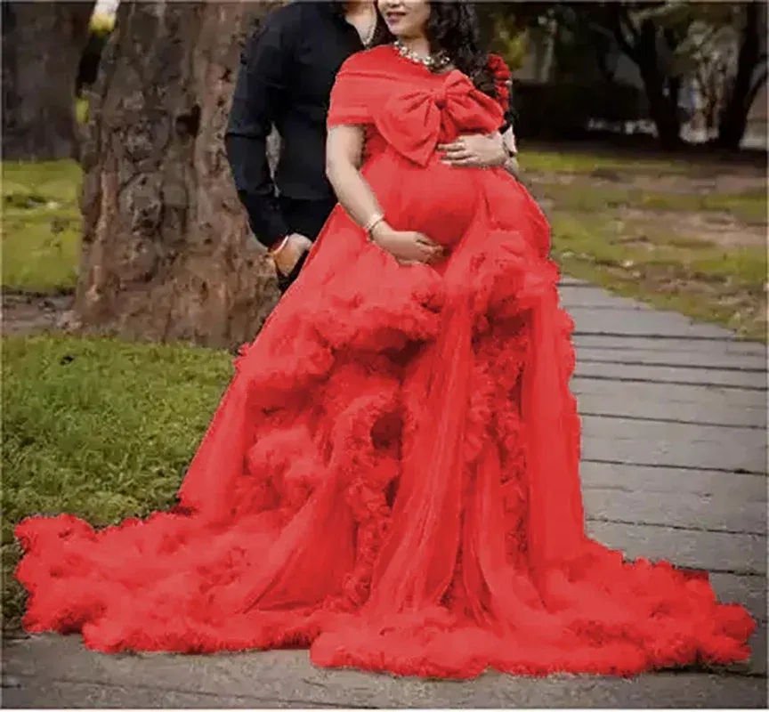 Color: Red, Maternity Size: 6, Ships From: CHINA - BIG BOW Tulle Ruffle maternity dresses photoshoot baby shower п?»?°?‚ь?µ д?»я ?±?µр?µм?µнн?‹?… فس?§تي?† ?­?&e