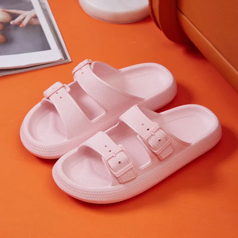 Color: Pink, Shoe Size: 38-39 - Fashion Buckle Thick Platform Slippers Women Home Soft Sole eva Cloud Slides Sandals Woman 2025 Summer Non Slip Beach Flip Flops