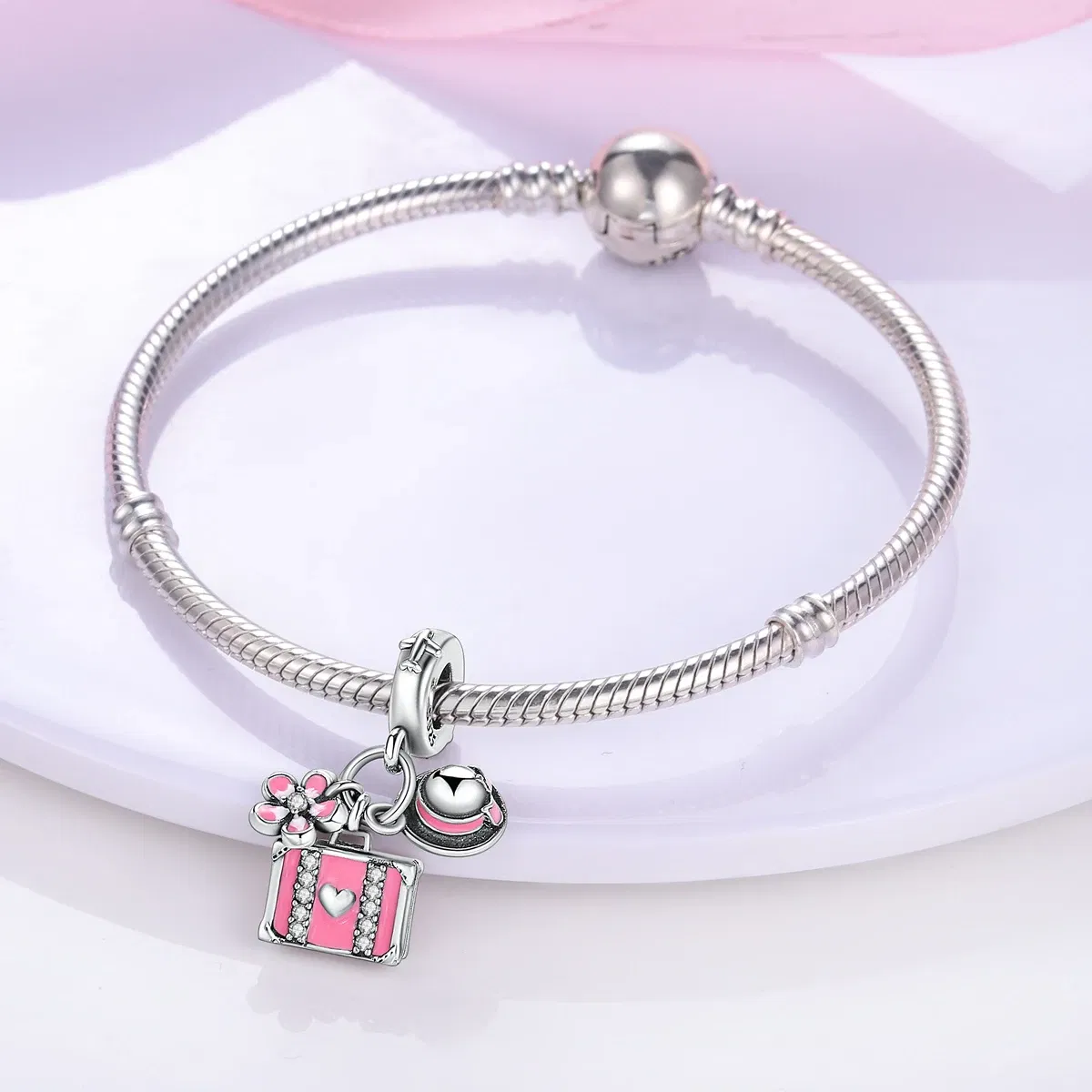 Color: Beige - 925 Sterling Silver Pink Series Charms Love-Heart Cute Animals Beads Fit Pandora Original Bracelets Girl Jewelry Gifts Accessory