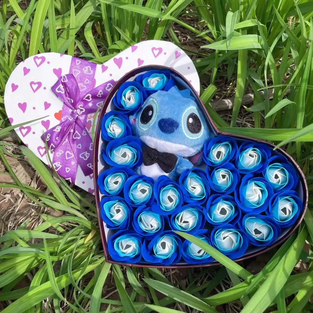 Color: Sky blue - Disney Cartoon Lilo Stitch Plush Doll Toys Rose Bouquet Gift Box Stitch Flower Bouquet Home Decoration Valentine Christmas Gifts
