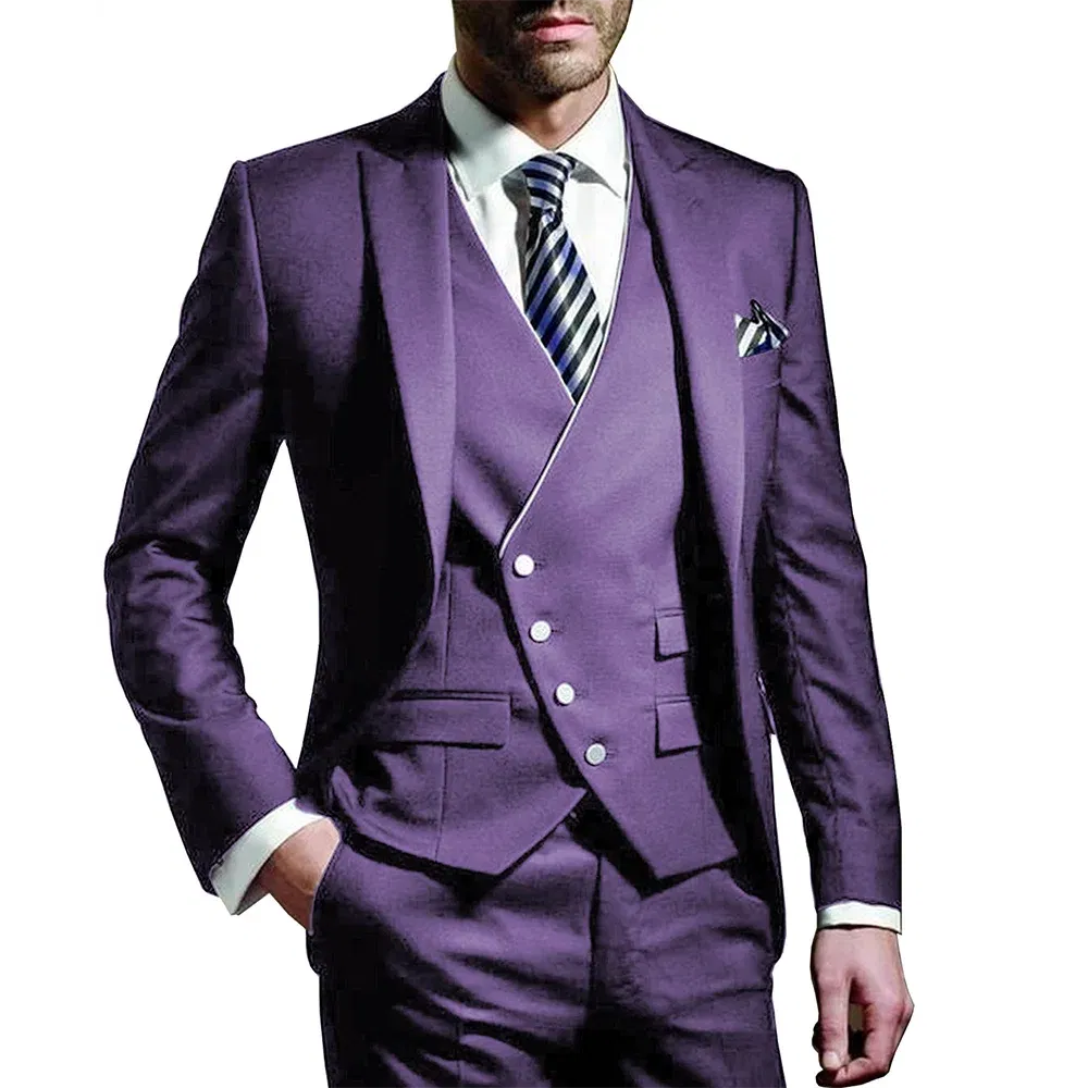 Color: PURPLE, Size: XXXL, Ships From: CHINA - White Men Wedding Suits Groom Wear Peak Lapel Wedding Groom Tuxedos Business Party Suit 3 Pieces (Jacket+Vest+Pant?‰Costume Homme