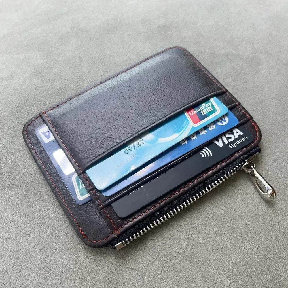 Color: Coffee - Genuine Leather Designer Card Holder Wallet Slim Credit Card Sleeves with Zipper Coin Pocket Card Case