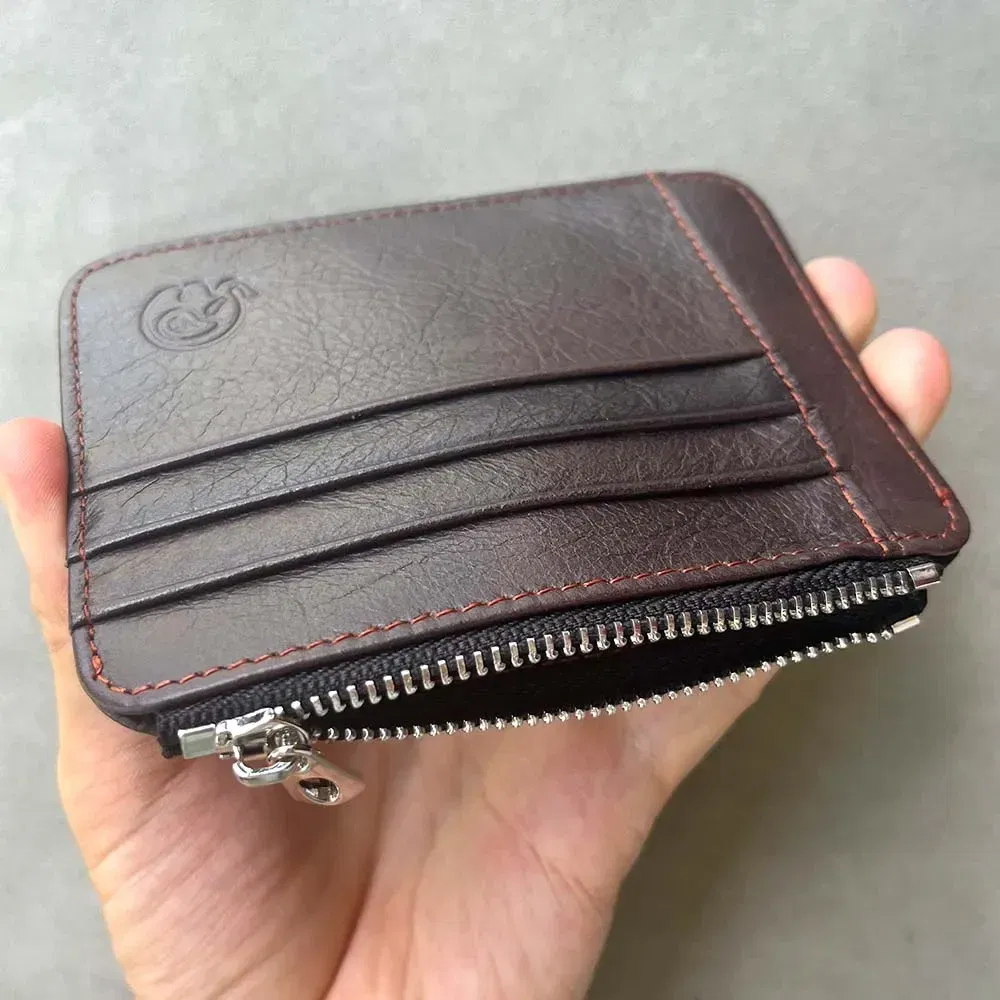 Color: Coffee - Genuine Leather Designer Card Holder Wallet Slim Credit Card Sleeves with Zipper Coin Pocket Card Case