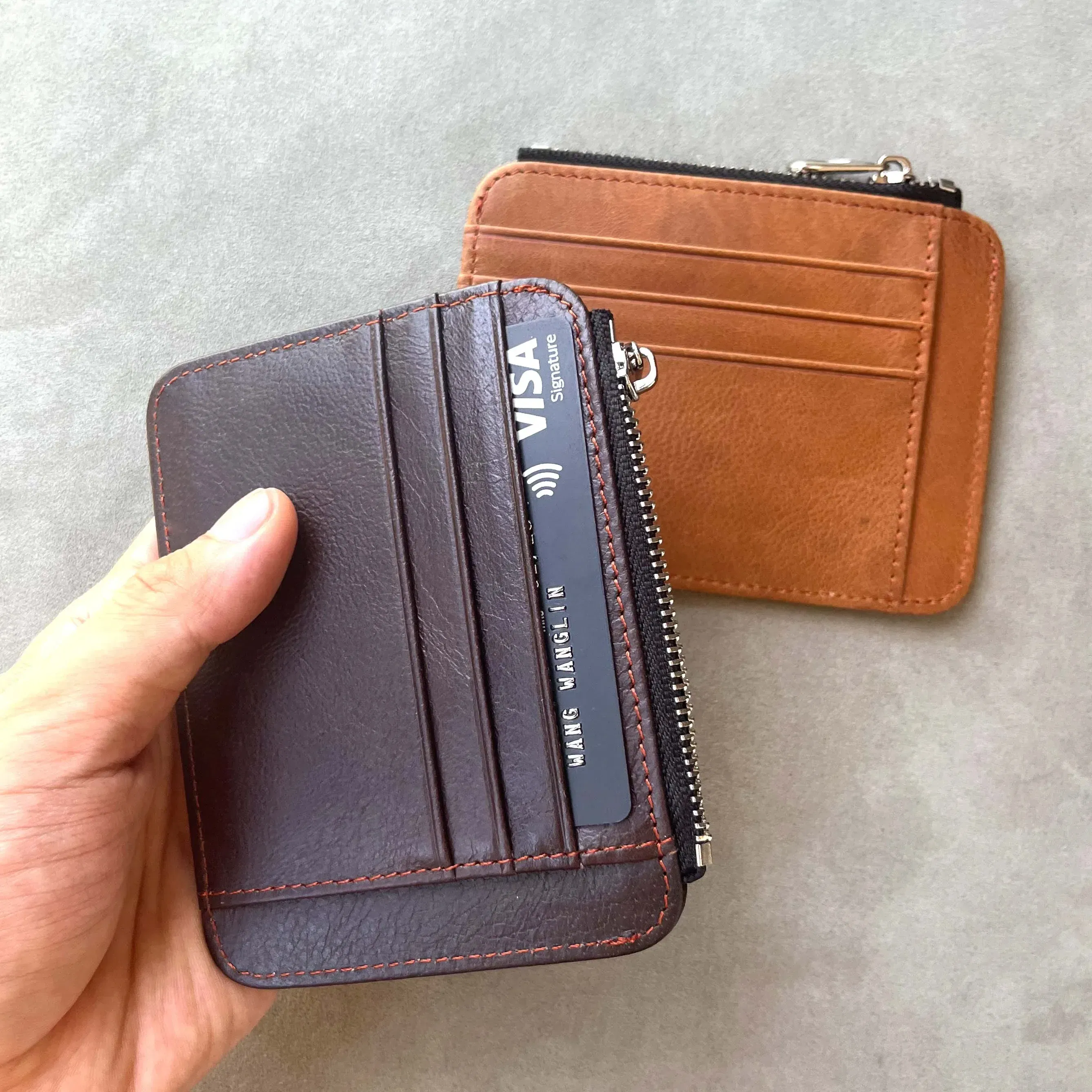 Color: Coffee - Genuine Leather Designer Card Holder Wallet Slim Credit Card Sleeves with Zipper Coin Pocket Card Case
