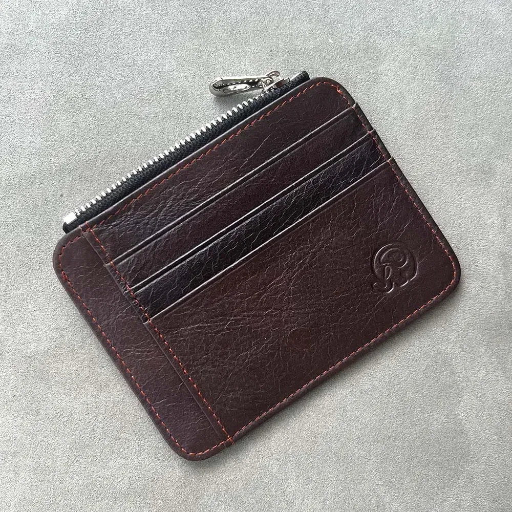 Color: Coffee - Genuine Leather Designer Card Holder Wallet Slim Credit Card Sleeves with Zipper Coin Pocket Card Case