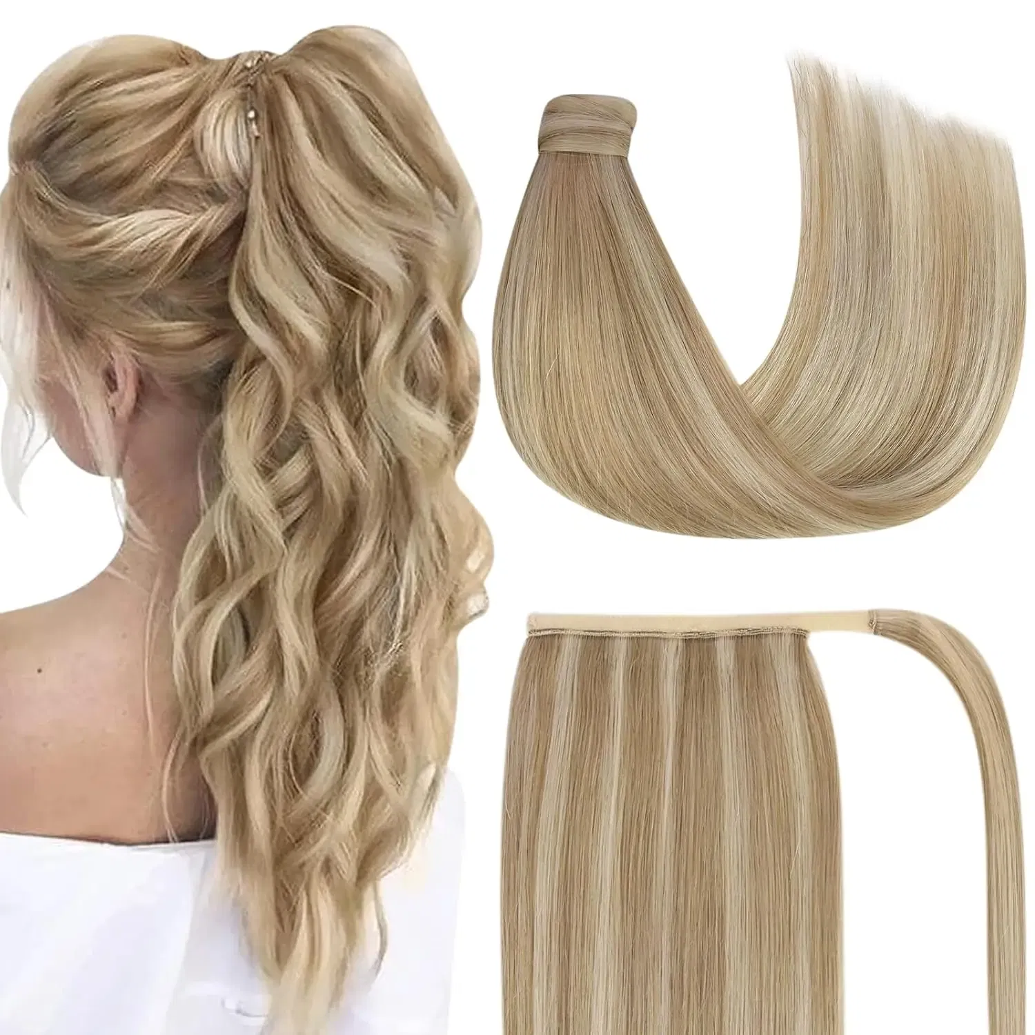 Color: #16, Life Span: 6 Months With Proper Care, Stretched Length: 16inches - VeSunny Human Hair Ponytail Light Blonde Mix Golden Blonde Real Hair Ponytail Extension Highlights Blonde Ponytail Hair 80g